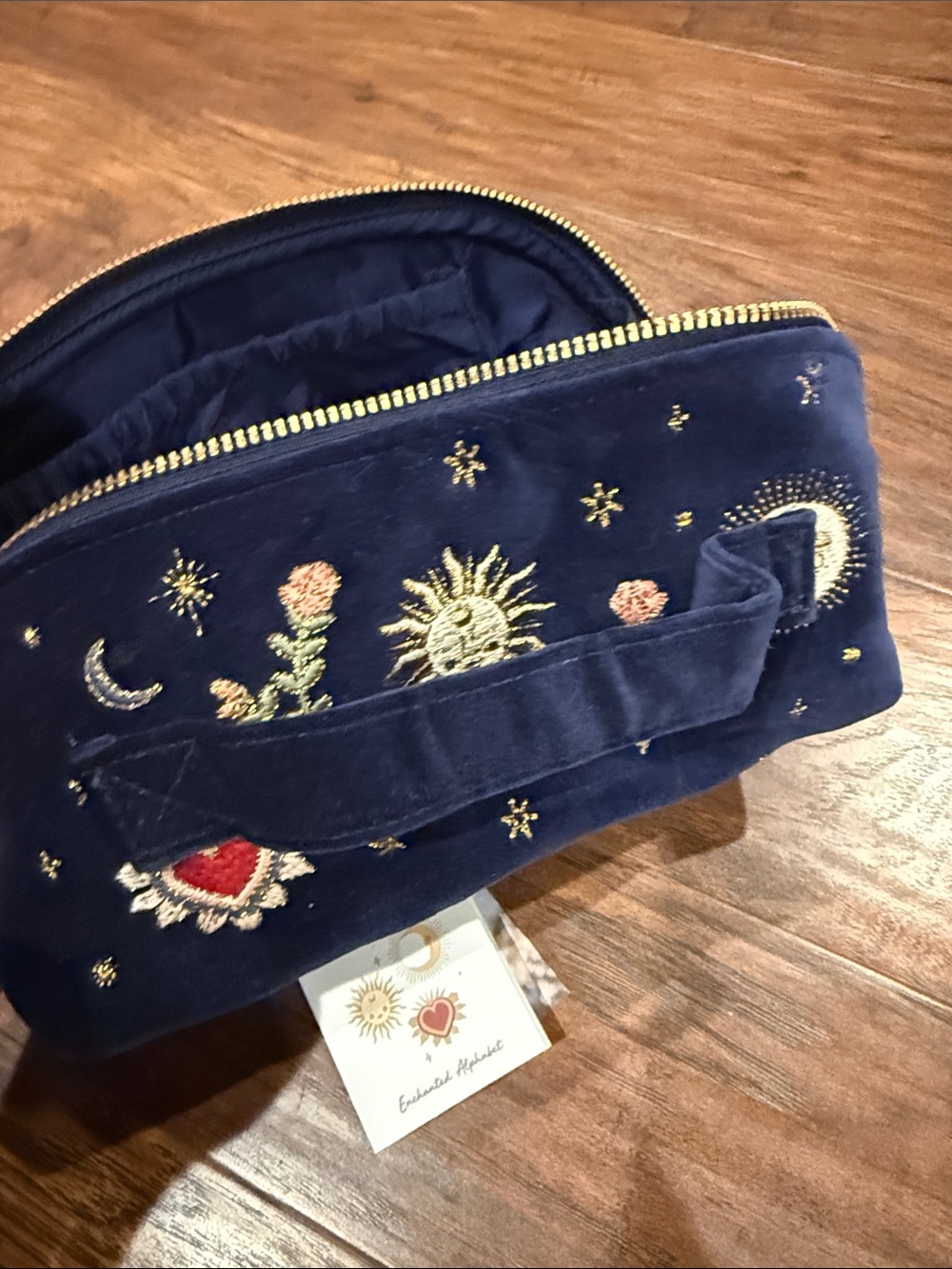 Embroidered “H” Navy Velvet Cosmetic Pouch with Gold Accents - Picture 4 of 5